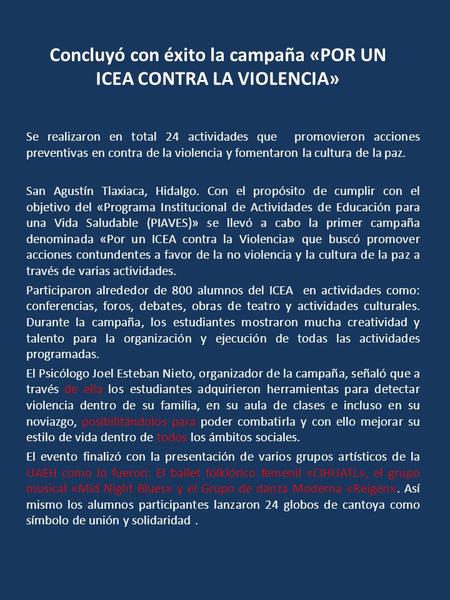 Concluyó con éxito la campaña «POR UN ICEA CONTRA LA VIOLENCIA» Se realizaron en total 24 actividades que promovieron acciones preventivas en contra de.
