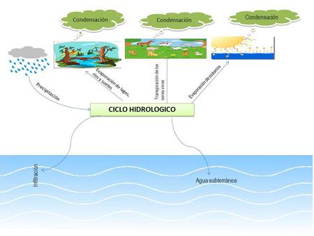 CICLO HIDROLOGICO Agua subterránea Infiltración Evaporación de océanos Condensación Transpiración de los seres vivos Condensación Evaporación de lagos,