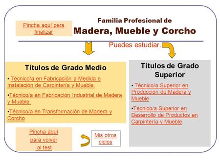 Familia Profesional de Madera, Mueble y Corcho Puedes estudiar… Títulos de Grado Superior Técnico/a Superior en Producción de Madera y MuebleTécnico/a.