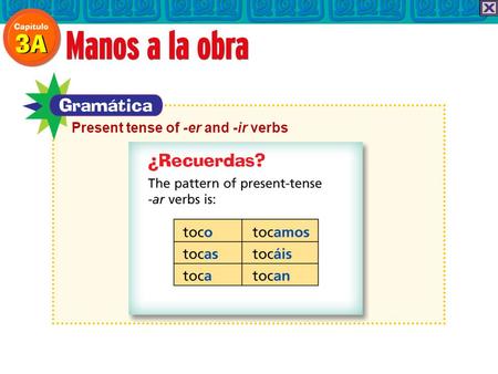 Present tense of -er and -ir verbs. To create the present-tense forms of -er and -ir verbs, drop the endings from the infinitives, then add the verb endings.
