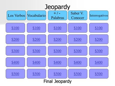 Jeopardy $100 Los VerbosVocabulario + / - Palabras Saber V. Conocer Interrogativos $200 $300 $400 $500 $400 $300 $200 $100 $500 $400 $300 $200 $100 $500.