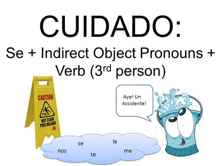 CUIDADO: Se + Indirect Object Pronouns + Verb (3 rd person) se le te nosme Aye! Un Accidente!