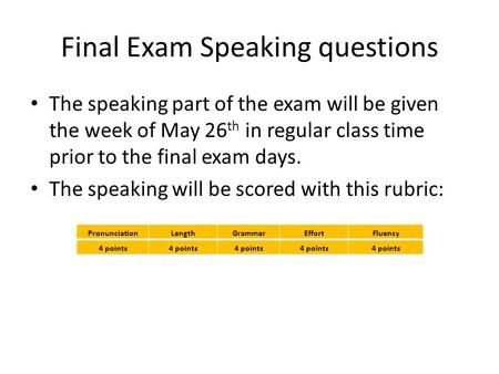 Final Exam Speaking questions The speaking part of the exam will be given the week of May 26 th in regular class time prior to the final exam days. The.
