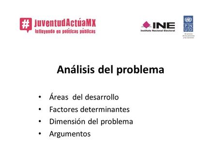 Análisis del problema Áreas del desarrollo Factores determinantes Dimensión del problema Argumentos.