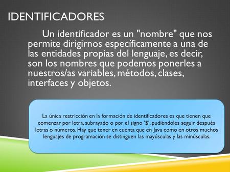 IDENTIFICADORES Un identificador es un nombre que nos permite dirigirnos específicamente a una de las entidades propias del lenguaje, es decir, son los.