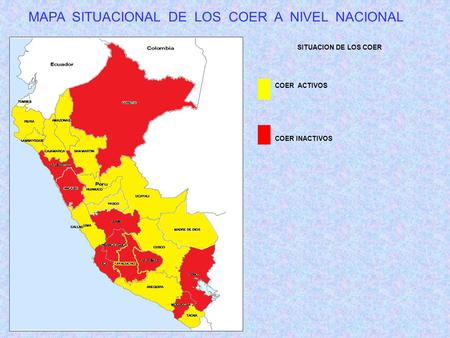 SITUACION DE LOS COER COER ACTIVOS COER INACTIVOS MAPA SITUACIONAL DE LOS COER A NIVEL NACIONAL.