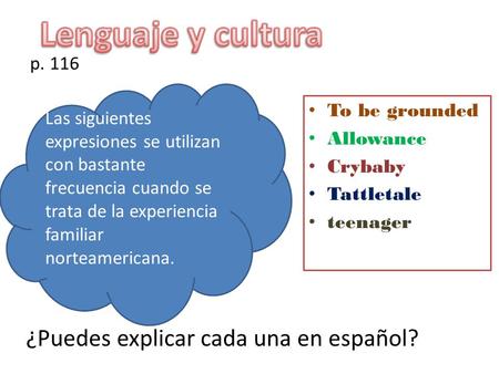 P. 116 To be grounded Allowance Crybaby Tattletale teenager ¿Puedes explicar cada una en español? Las siguientes expresiones se utilizan con bastante frecuencia.