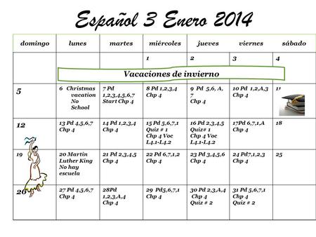 Español 3 Enero 2014 Vacaciones de invierno. February 2012 Español 3Febrero 2014 el mes del amor, esperanza Cariño y comprensió n Si das amor y respeto.