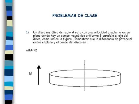 PROBLEMAS DE CLASE Un disco metálico de radio A rota con una velocidad angular w en un plano donde hay un campo magnético uniforme B paralelo al eje del.