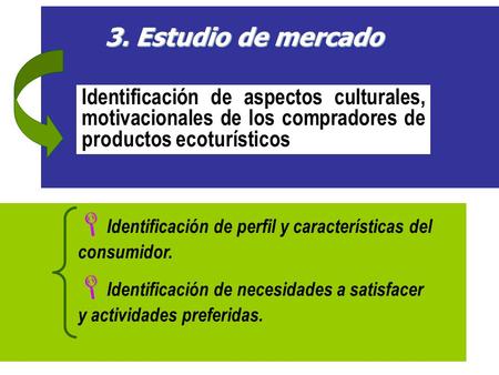 3. Estudio de mercado Identificación de aspectos culturales, motivacionales de los compradores de productos ecoturísticos Identificación de perfil y características.