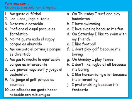 1.Me gusta el fútbol 2.Los lunes juego al tenis 3.Detesto la natación 4.Prefiero el esquí porque es fantástico 5.No me gusta nada el rugby porque es aburrido.