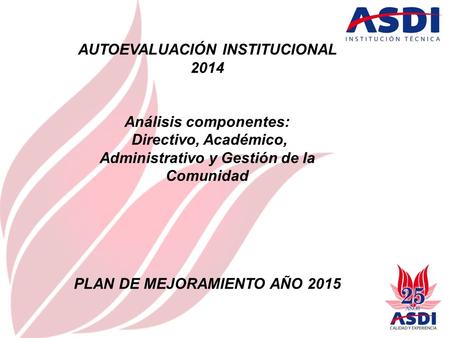 AUTOEVALUACIÓN INSTITUCIONAL 2014 Análisis componentes: Directivo, Académico, Administrativo y Gestión de la Comunidad PLAN DE MEJORAMIENTO AÑO 2015.