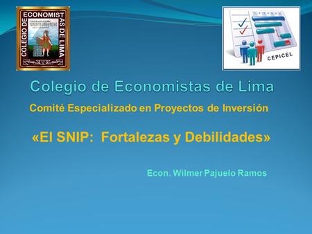 Comité Especializado en Proyectos de Inversión Econ. Wilmer Pajuelo Ramos «El SNIP: Fortalezas y Debilidades»