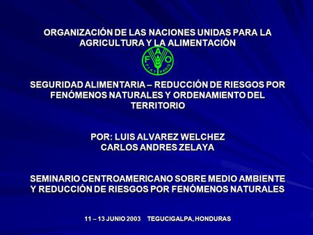 ORGANIZACIÓN DE LAS NACIONES UNIDAS PARA LA AGRICULTURA Y LA ALIMENTACIÓN SEGURIDAD ALIMENTARIA – REDUCCIÓN DE RIESGOS POR FENÓMENOS NATURALES Y ORDENAMIENTO.