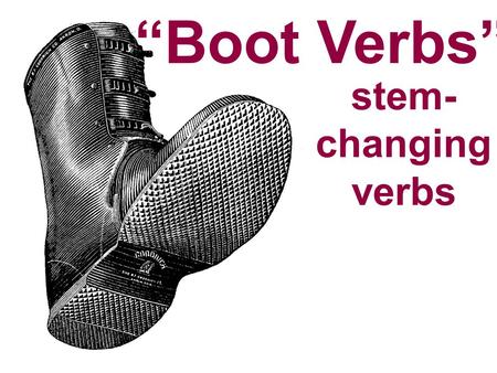 “Boot Verbs” stem- changing verbs. “Boot Verbs” stem-changing verbs What’s the stem? DORMIR stemending (infinitive)