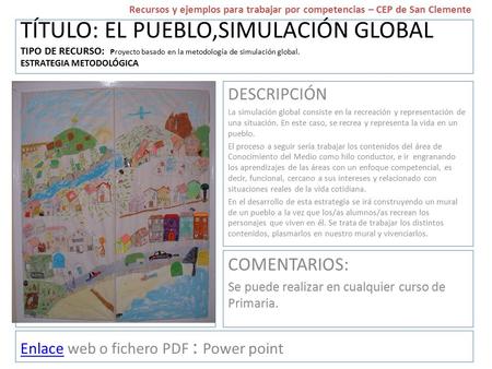 Recursos y ejemplos para trabajar por competencias – CEP de San Clemente TÍTULO: EL PUEBLO,SIMULACIÓN GLOBAL TIPO DE RECURSO: Proyecto basado en la metodología.