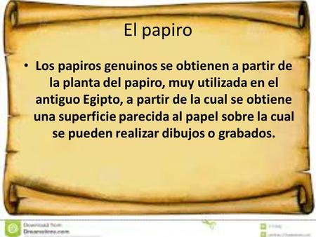 El papiro Los papiros genuinos se obtienen a partir de la planta del papiro, muy utilizada en el antiguo Egipto, a partir de la cual se obtiene una superficie.