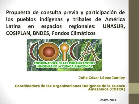 Julio César López Jamioy Coordinadora de las Organizaciones Indígenas de la Cuenca Amazónica (COICA) Propuesta de consulta previa y participación de los.