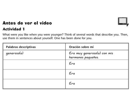 Entre parejas (hablando) Respuestas 1.Ana y Elena trabajan en un proyecto para la clase de ciencias sociales. 2.El oso de peluche era el juguete favorito.