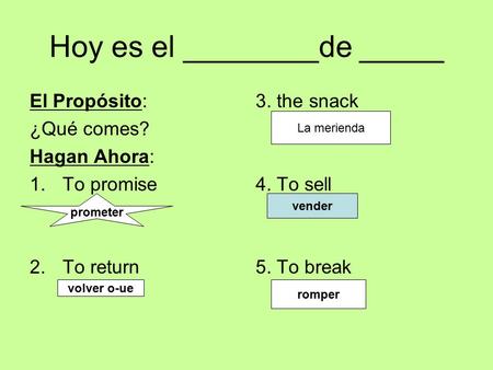 Hoy es el ________de _____ El Propósito: ¿Qué comes? Hagan Ahora: 1.To promise 2.To return 3. the snack 4. To sell 5. To break prometer La merienda vender.