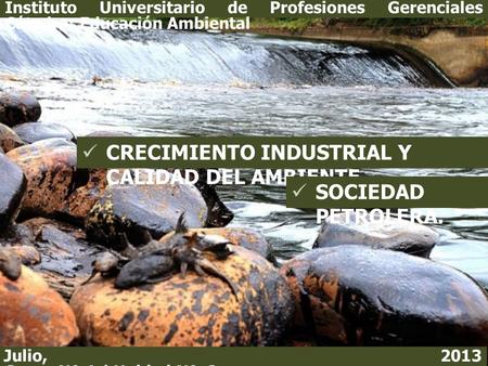 CRECIMIENTO INDUSTRIAL Y CALIDAD DEL AMBIENTE. SOCIEDAD PETROLERA. Instituto Universitario de Profesiones Gerenciales Cátedra: Educación Ambiental Julio,