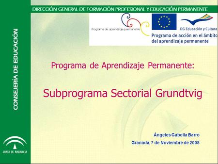 Programa de Aprendizaje Permanente: Subprograma Sectorial Grundtvig Ángeles Gabella Barro Granada, 7 de Noviembre de 2008.