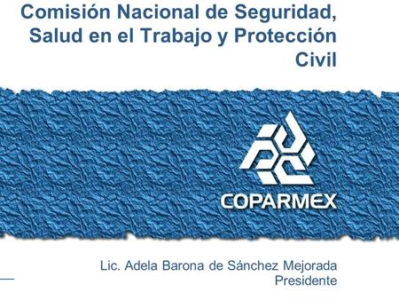 Colocar aquí el título de la presentación Comisión Nacional de Seguridad, Salud en el Trabajo y Protección Civil Lic. Adela Barona de Sánchez Mejorada.