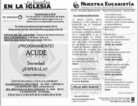 No. 367 STA. MARIA MADRE DE DIOS Mes de la Perseverancia 1 de Enero 2012 (Credo en la pág. 5) Ya está a la venta el Calendario 2012 Adquiérelo en las Oficinas.