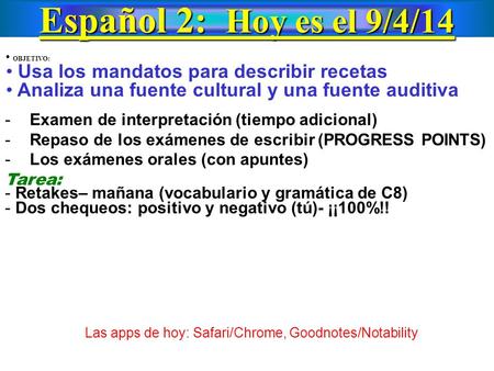 Español 2: Hoy es el 9/4/14 OBJETIVO: Usa los mandatos para describir recetas Analiza una fuente cultural y una fuente auditiva -Examen de interpretación.