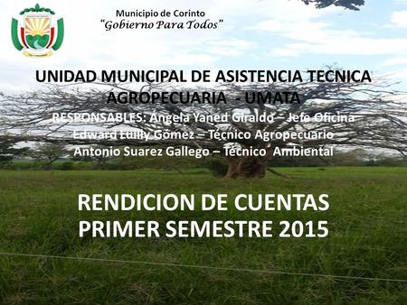 UNIDAD MUNICIPAL DE ASISTENCIA TECNICA AGROPECUARIA - UMATA RESPONSABLES: Ángela Yaned Giraldo – Jefe Oficina Edward Luilly Gómez – Técnico Agropecuario.