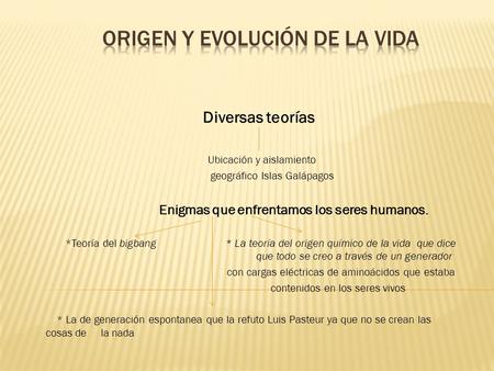 Diversas teorías Ubicación y aislamiento geográfico Islas Galápagos Enigmas que enfrentamos los seres humanos. *Teoría del bigbang * La teoría del origen.