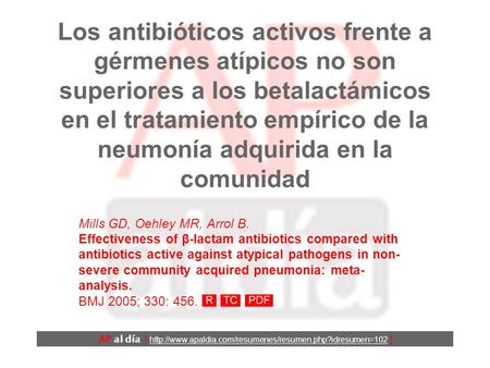 Los antibióticos activos frente a gérmenes atípicos no son superiores a los betalactámicos en el tratamiento empírico de la neumonía adquirida en la comunidad.