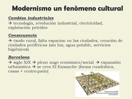 Modernismo un fenòmeno cultural Cambios industriales  tecnologìa, revoluciòn industrial, electricidad, explotaciòn petròleo Consecuencia  éxodo rural,
