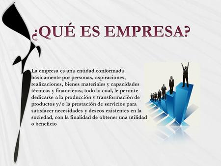 ¿QUÉ ES EMPRESA? La empresa es una entidad conformada básicamente por personas, aspiraciones, realizaciones, bienes materiales y capacidades técnicas y.