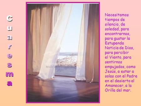 Necesitamos tiempos de silencio, de soledad, para encontrarnos, para gustar la Estupenda Noticia de Dios, para percibir el Viento, para sentirnos empujados,