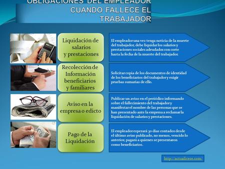 Liquidación de salarios y prestaciones Liquidación de salarios y prestaciones El empleador una vez tenga noticia de la muerte del trabajador, debe liquidar.