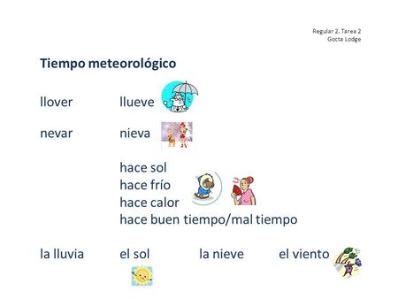 Regular 2. Tarea 2 Gocta Lodge Tiempo meteorológico lloverllueve nevarnieva hace sol hace frío hace calor hace buen tiempo/mal tiempo la lluviael solla.
