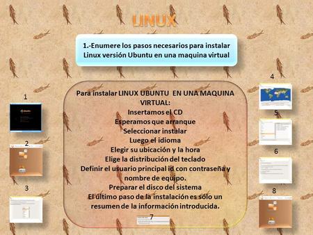 Para instalar LINUX UBUNTU EN UNA MAQUINA VIRTUAL: Insertamos el CD Esperamos que arranque Seleccionar instalar Luego el idioma Elegir su ubicación y la.