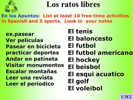 Los ratos libres En los Apuntes: List at least 10 free-time activities in Spanish and 5 sports. Look in your notes U3E2 ex.pasear Ver peliculas Pasear.