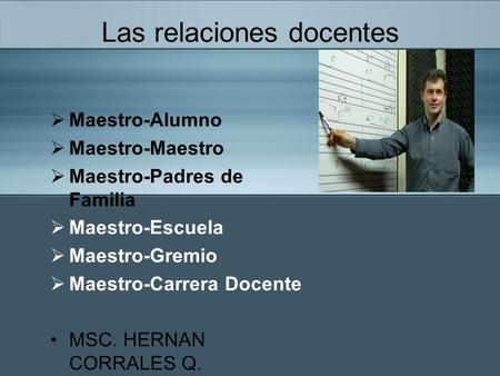  Maestro-Alumno  Maestro-Maestro  Maestro-Padres de Familia  Maestro-Escuela  Maestro-Gremio  Maestro-Carrera Docente MSC. HERNAN CORRALES Q. Las.