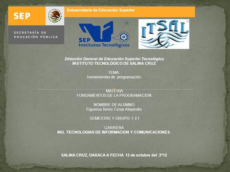 Subsecretaría de Educación Superior Dirección General de Educación Superior Tecnológica INSTITUTO TECNOLÓGICO DE SALINA CRUZ TEMA: herramientas de programación.