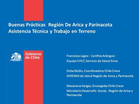 Buenas Prácticas Región De Arica y Parinacota Asistencia Técnica y Trabajo en Terreno Francisca Lagos - Cynthia Aránguiz Equipo CHCC Servicio de Salud.