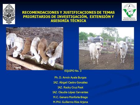 RECOMENDACIONES Y JUSTIFICACIONES DE TEMAS PRIORITARIOS DE INVESTIGACIÓN, EXTENSIÓN Y ASESORÍA TÉCNICA EQUIPO No. 3 Ph. D. Armín Ayala Burgos IAZ. Abigail.