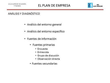 IES LUIS SEOANE EL PLAN DE EMPRESA ANÁLISIS Y DIAGNÓSTICO CICLO SUPERIOR DE ADMÓN. Y FINANZAS Análisis del entorno general Análisis del entorno específico.