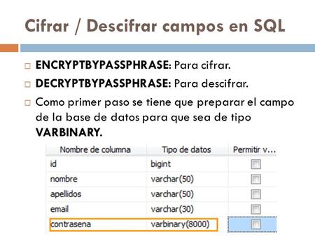 Cifrar / Descifrar campos en SQL