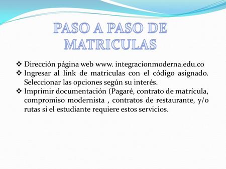  Dirección página web www. integracionmoderna.edu.co  Ingresar al link de matriculas con el código asignado. Seleccionar las opciones según su interés.