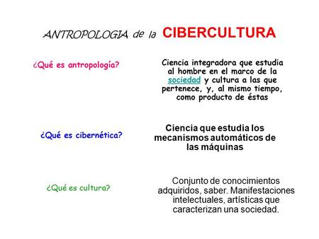 ANTROPOLOGIA de la CIBERCULTURA ¿Qué es cibernética? ¿Qué es cultura? Ciencia que estudia los mecanismos automáticos de las máquinas Conjunto de conocimientos.