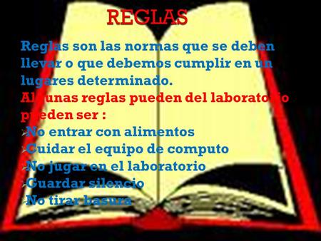 REGLAS Reglas son las normas que se deben llevar o que debemos cumplir en un lugares determinado. Algunas reglas pueden del laboratorio pueden ser : No.