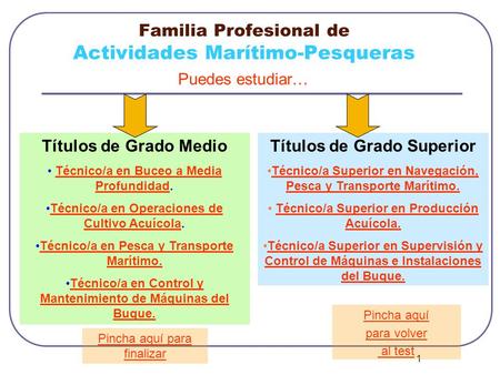 Familia Profesional de Actividades Marítimo-Pesqueras Puedes estudiar… Títulos de Grado Medio Técnico/a en Buceo a Media Profundidad.Técnico/a en Buceo.