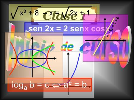 Clase 1 loga b = c  ac = b sen 2x = 2 senx cosx x2 + 8 – x = 2x + 1